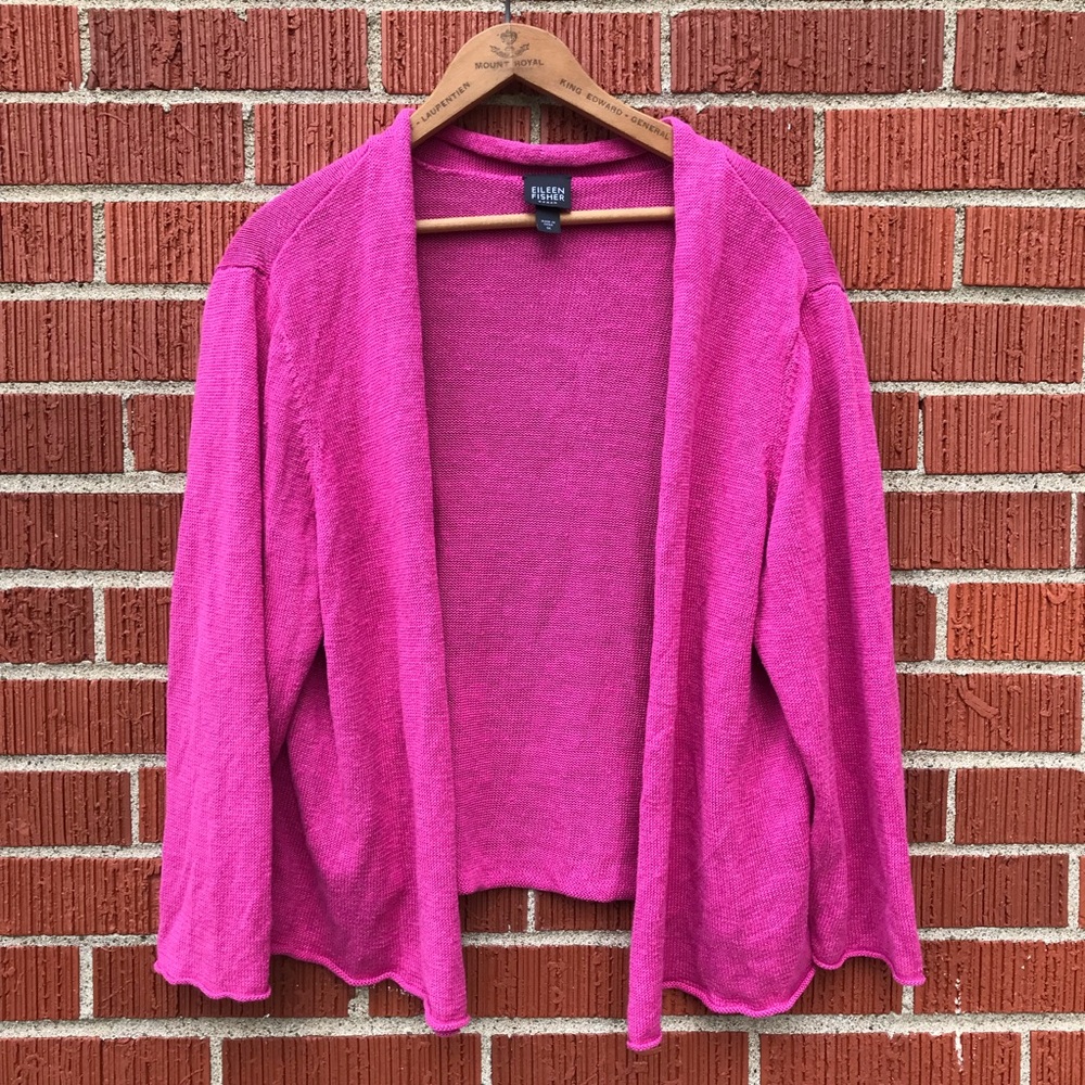 Eileen Fisher women's 1X open front cardigan linen hot pink sweater